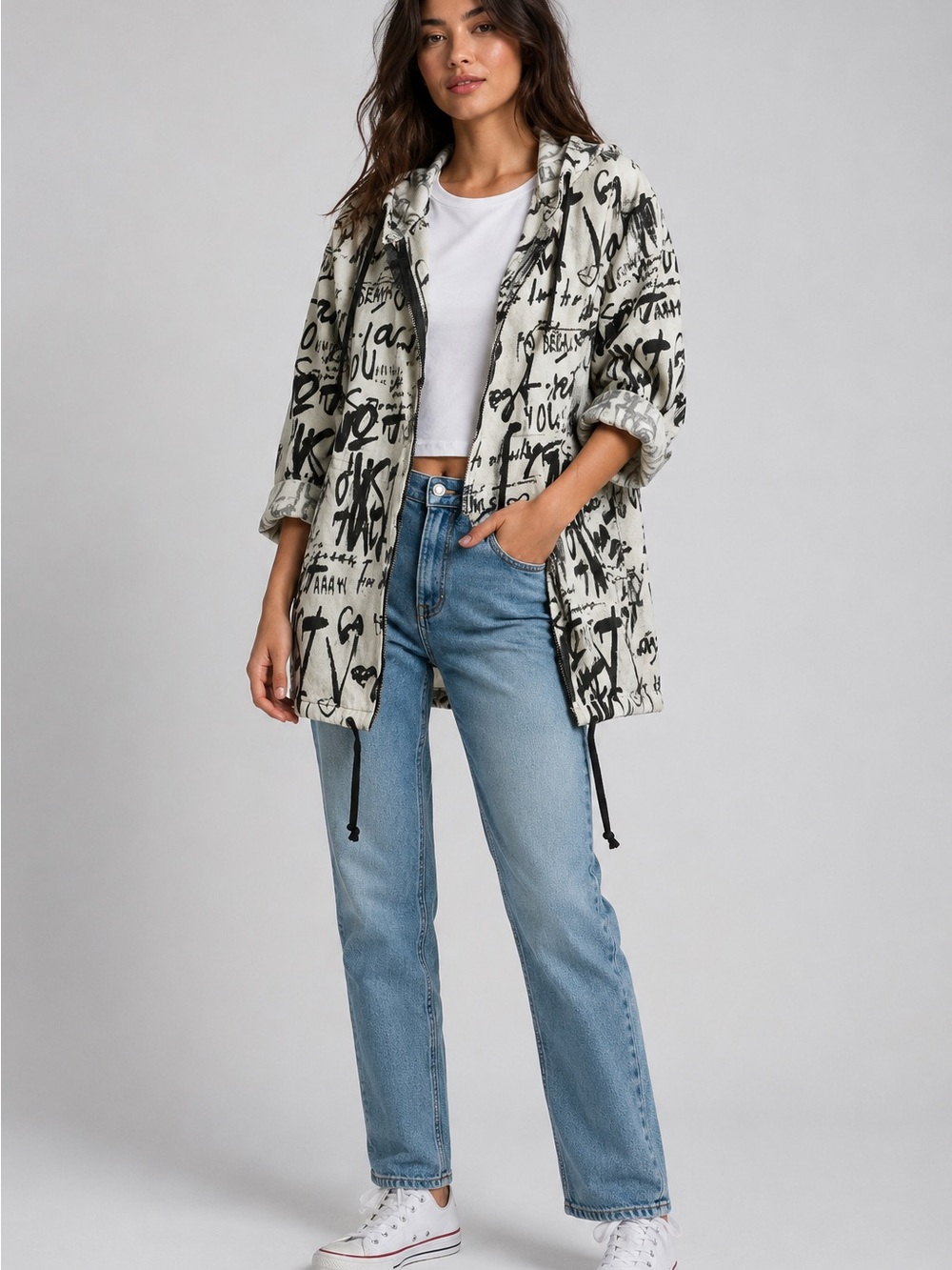 Graphic Print Hooded Anorak Jacket - Black on Cream